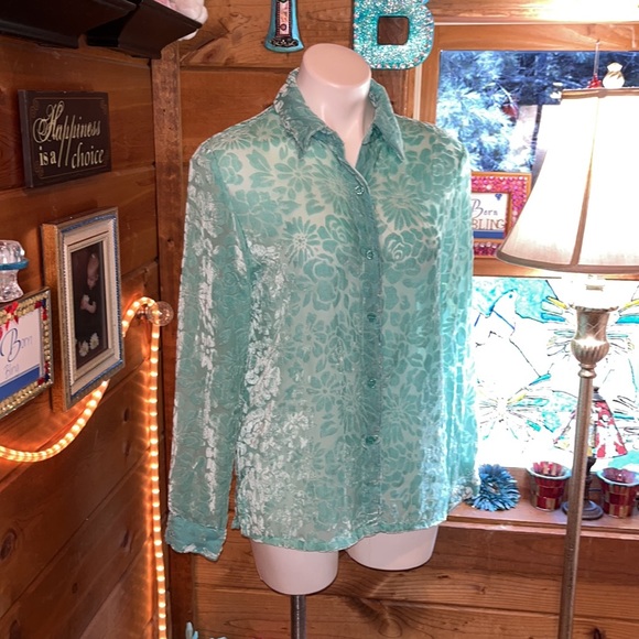 NWT Sheer sexy shirt flowery velvety pattern button down long sleeve top - Picture 4 of 10